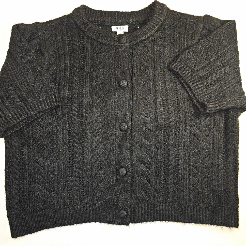 ANA Charcoal Gray Cable Knit Short Sleeve Cardigan Sweater Knit Top Size XL Crop